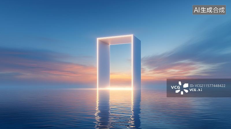 【AI数字艺术】未来科技背景——水上发光抽象门型建筑图片素材