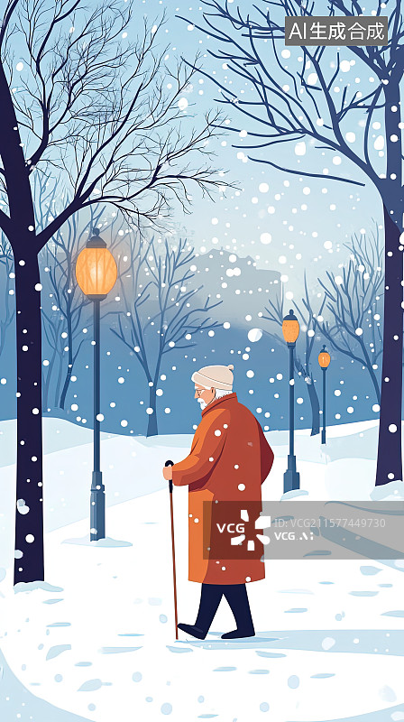 【AI数字艺术】冬天雪中拄拐杖的老人在公园的雪地中散步图片素材