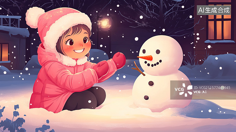 【AI数字艺术】冬天夜晚小女孩在院子雪地里堆雪人图片素材