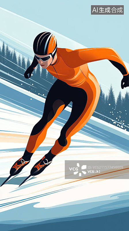 【AI数字艺术】冬季运动会上速滑运动员脚踩冰刀在冰场上比赛拼搏图片素材