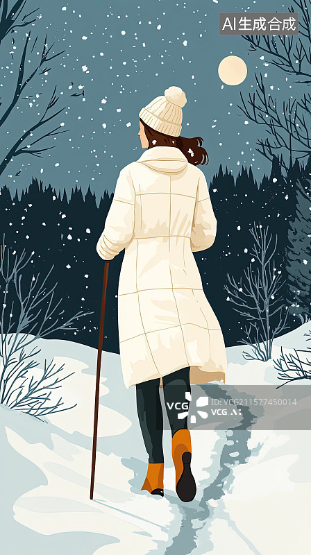 【AI数字艺术】冬天一位衣着时尚的美女在雪地中展示和行走图片素材