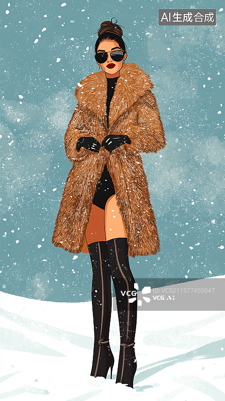 【AI数字艺术】冬天一位衣着时尚的美女在雪地中展示和行走图片素材
