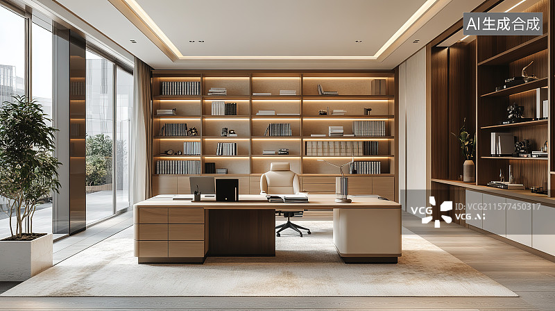 【AI数字艺术】公司经理办公室真皮座椅实木家具沉稳大气室内装饰装修设计图片素材