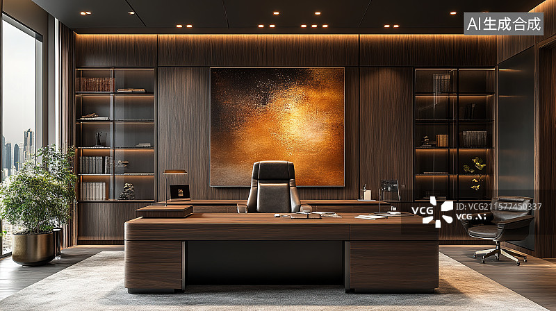 【AI数字艺术】公司经理办公室真皮座椅实木家具沉稳大气室内装饰装修设计图片素材