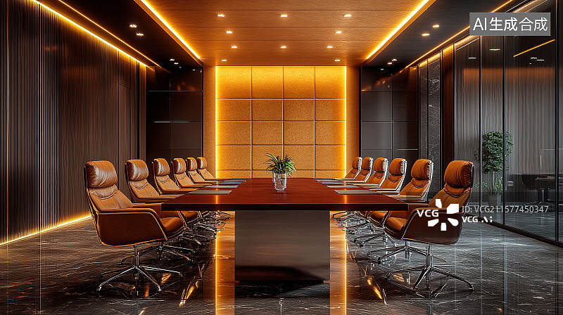 【AI数字艺术】公司高级会议室皮质座椅实木长桌室内装饰装修设计图片素材