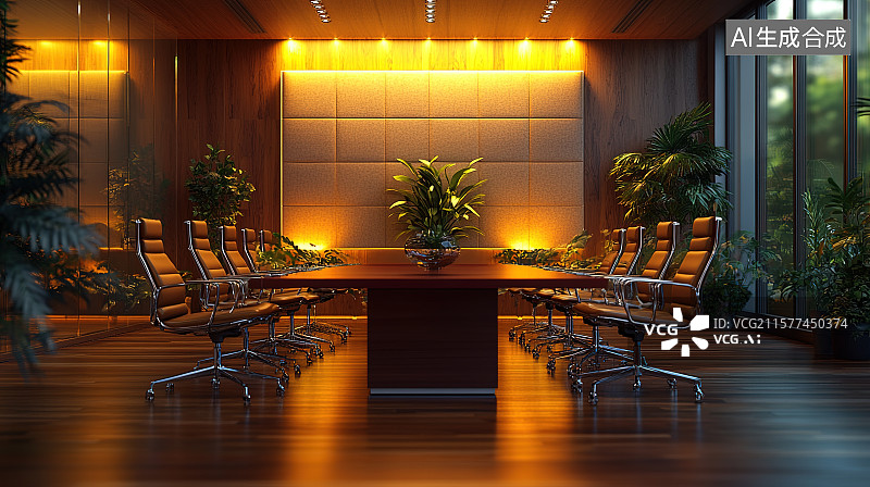 【AI数字艺术】公司高级会议室皮质座椅实木长桌室内装饰装修设计图片素材