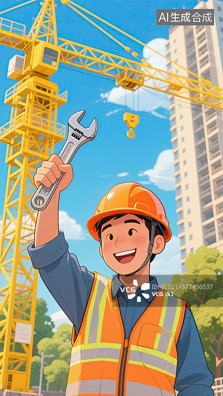 【AI数字艺术】男人，安全帽，安全生产月，工地作业，扳手图片素材