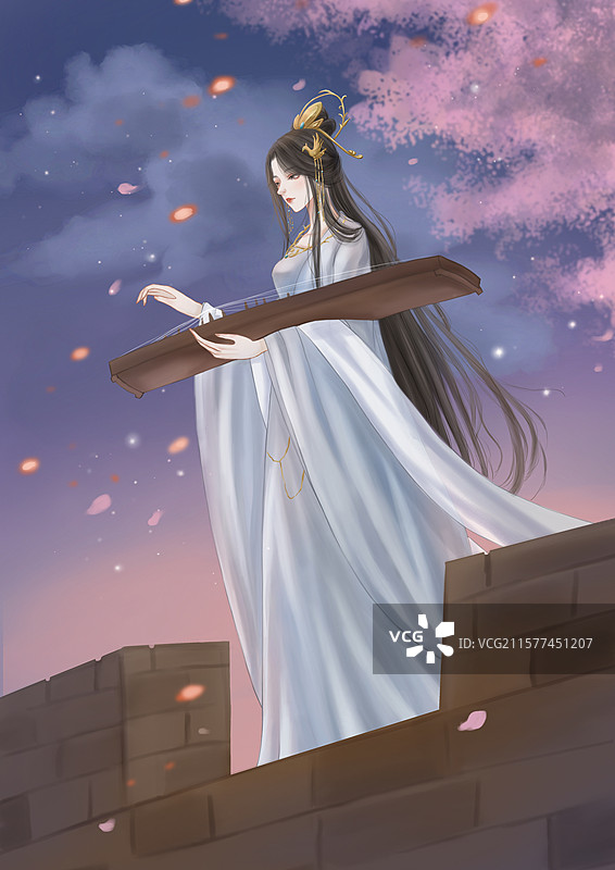 抚琴的少女站在城墙上图片素材