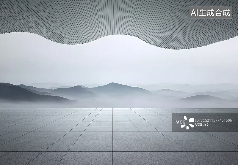 【AI数字艺术】建筑空间与山水风景融合，灰色调营造宁静意境，展现独特艺术视野  广场路面图片素材