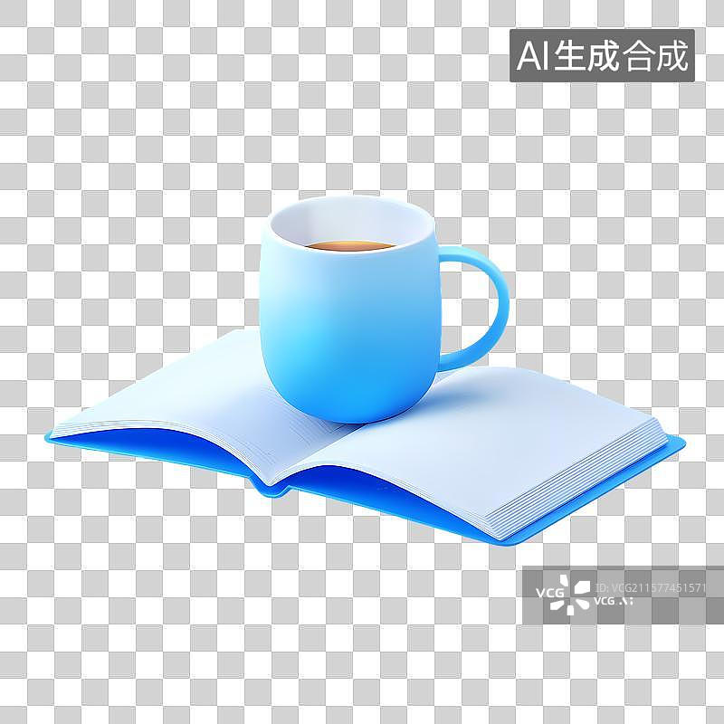 【AI数字艺术】蓝色杯子置于打开的书上图片素材