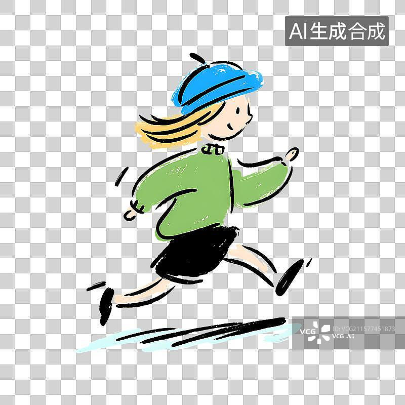 【AI数字艺术】戴蓝色帽子的女孩正在奔跑图片素材