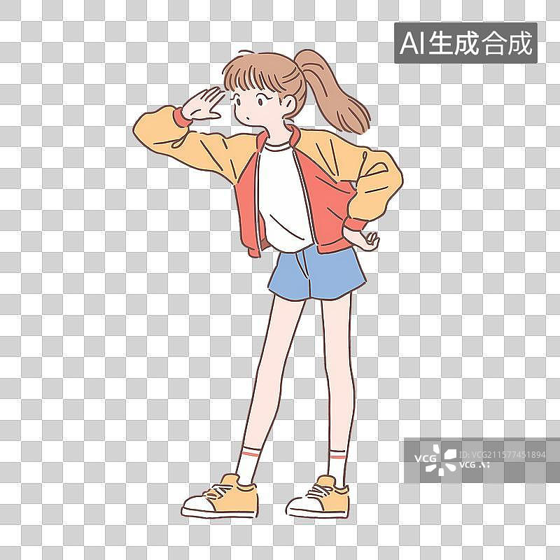 【AI数字艺术】女孩穿着休闲装，手遮额头望远方图片素材