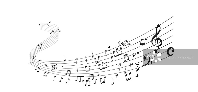 流动的音符在弯曲的五线谱上图片素材