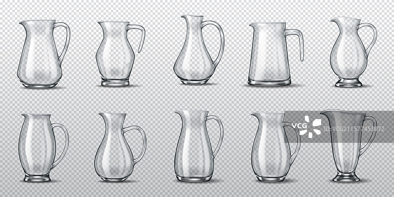 一组透明玻璃水壶的真实3D效果图片素材