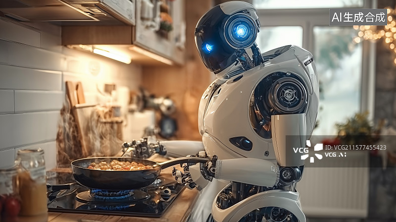 【AI数字艺术】机器人在厨房的锅里煎食物图片素材