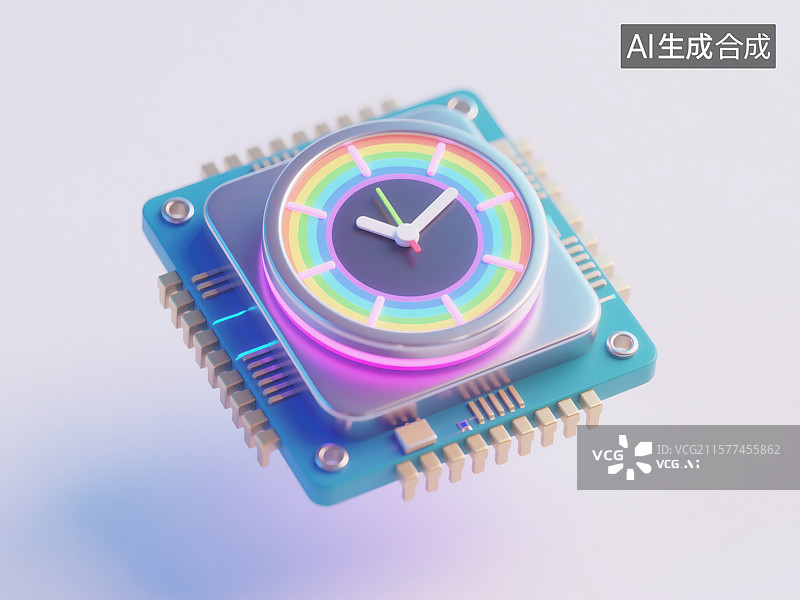 【AI数字艺术】未来时计3D插画电子芯片上悬科技创新数字进步浮的霓虹表盘炫彩激光镭射酸性金属抽象商业背景科技出版物图片素材