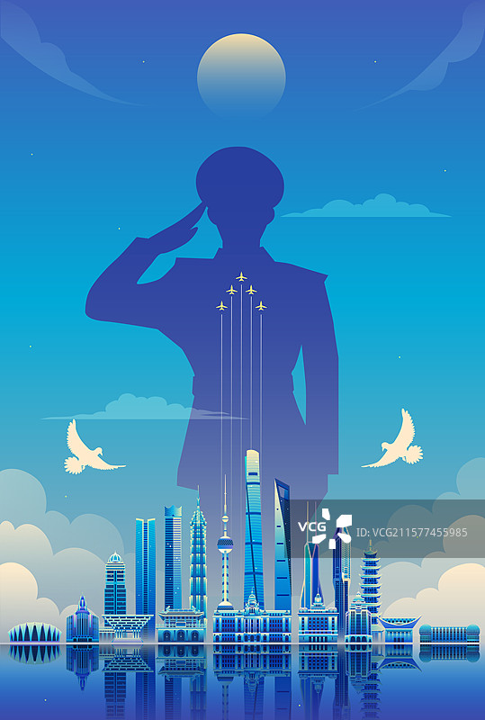 上海城市建筑建军节矢量海报图片素材