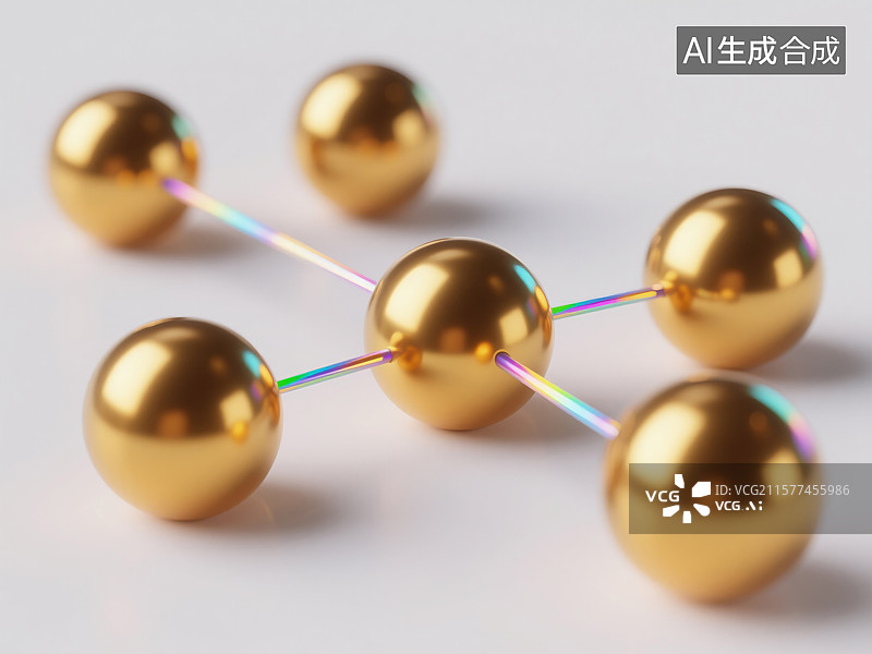 【AI数字艺术】互联金色球体网络抽象3D插画未来派商业背景炫彩激光镭射酸性金属互联网沟通链接数字化转型图片素材