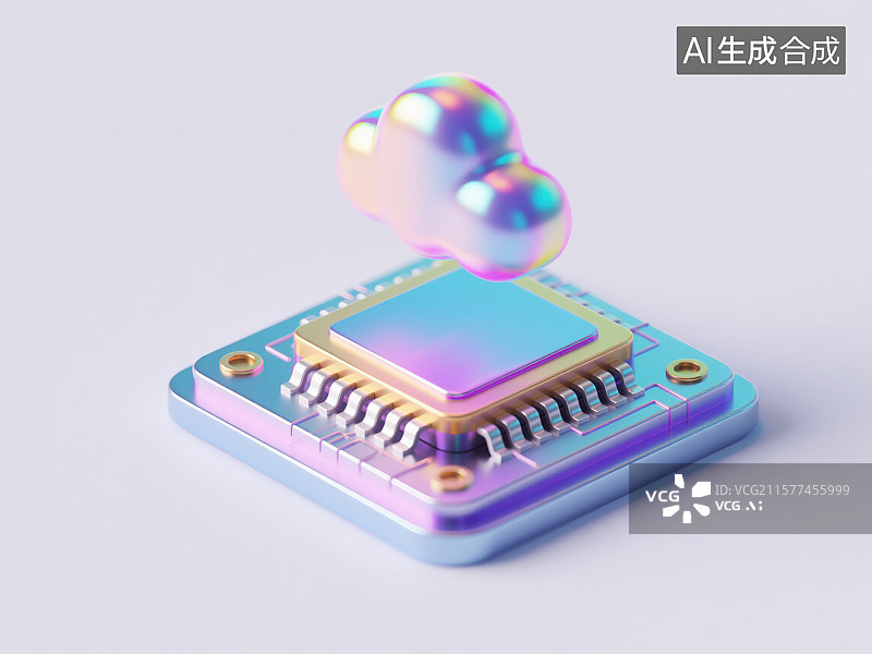 【AI数字艺术】未来云计算3D插画悬浮于电子芯片上方的数字云炫彩激光镭射酸性金属科技创新网络连接抽象商业背景图片素材