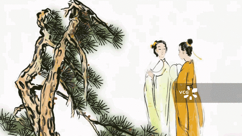 松树 仕女 古代 汉服 人物 美女 对话 水墨画图片素材
