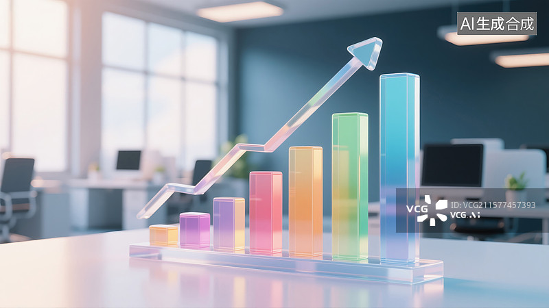 【AI数字艺术】3D插画模糊现代办公室背景上透明玻璃质感上升条形图创意抽象商业增长科技新年目标金融科技和年度会议图片素材