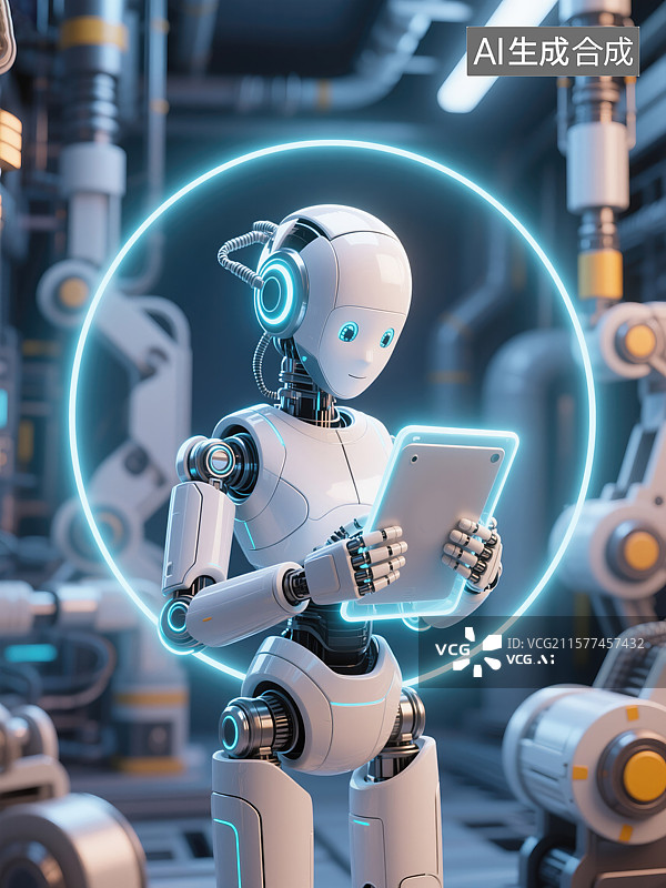 【AI数字艺术】未来感机器人手持发光iPad创新职场科技3D卡通插画创意抽象商业背景新年目标生产力工业自动化人工智能图片素材