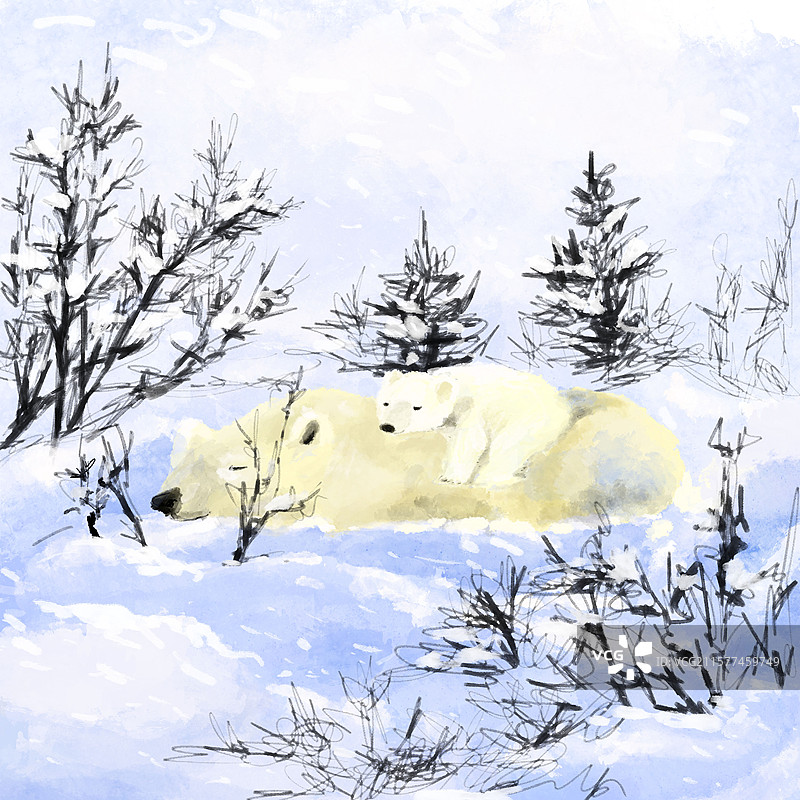 自然场景雪地里睡眠的北极熊母子水彩手绘风温馨丝巾插画图片素材
