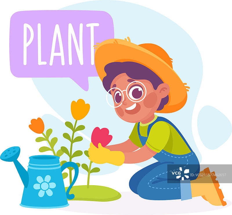 男孩和小孩一起学习种花。图片素材