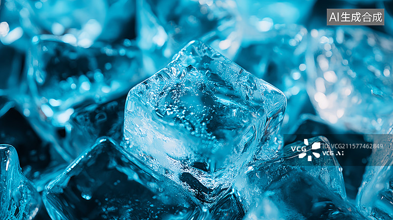 【AI数字艺术】夏天清凉薄荷冰块冷饮蓝色背景图片素材