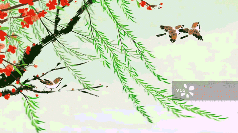 水墨画 中国风 插画 动画 春天 桃花 柳树 夏天 麻雀 飞 风景画图片素材