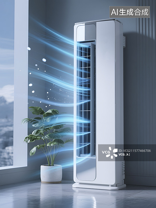 【AI数字艺术】白色柜式空调与极光背景墙图片素材
