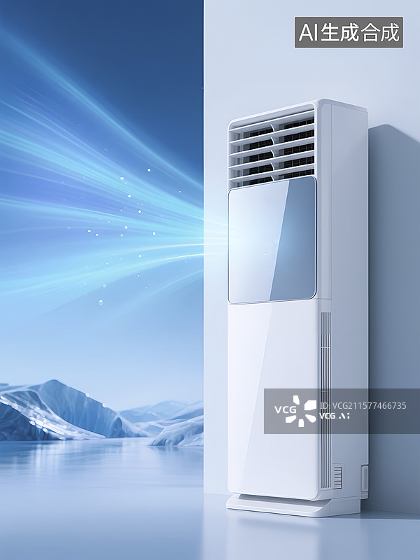 【AI数字艺术】白色柜式空调与极光背景墙图片素材