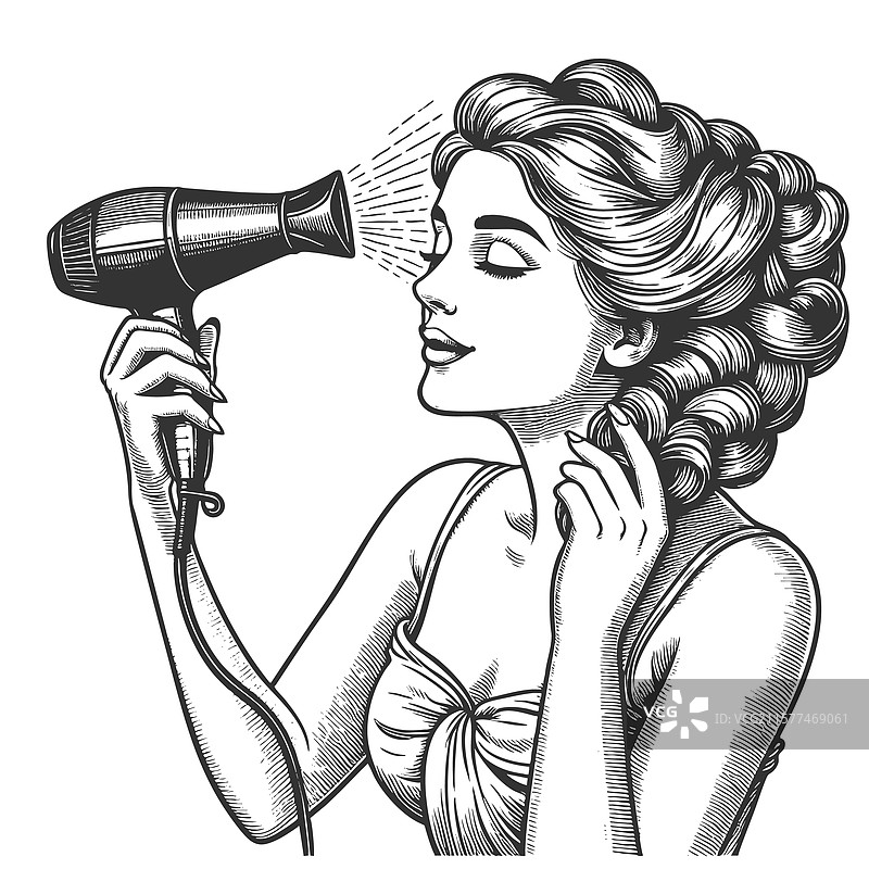 女人用吹风机吹干头发图片素材