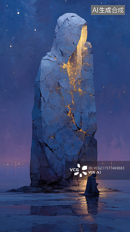 【AI数字艺术】夜幕下的神秘巨石与沉思者图片素材