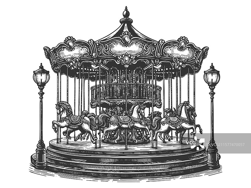 复古旋转木马与马匹图片素材