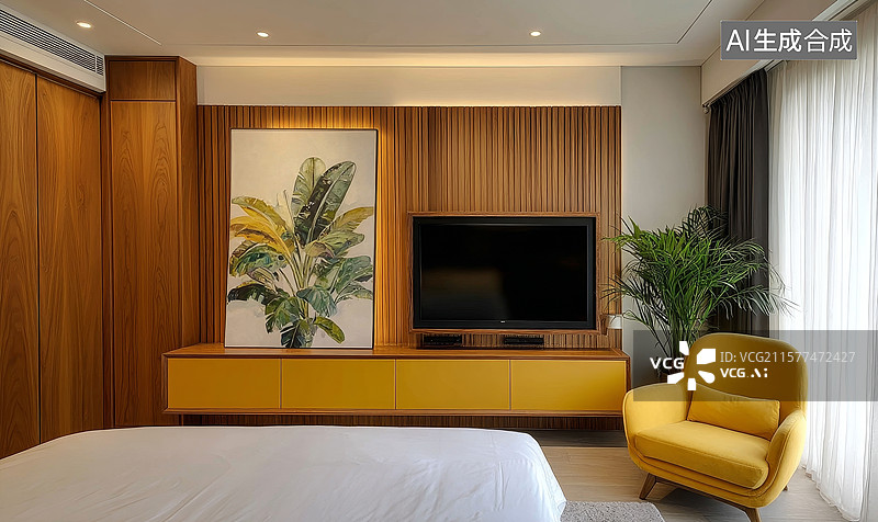 【AI数字艺术】现代卧室设计，黄色电视柜与绿植点缀图片素材