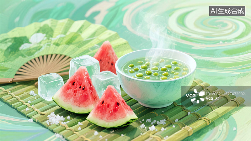 【AI数字艺术】夏日清凉美食，西瓜和绿豆汤搭配冰块大暑节气暑假插画背景图片素材