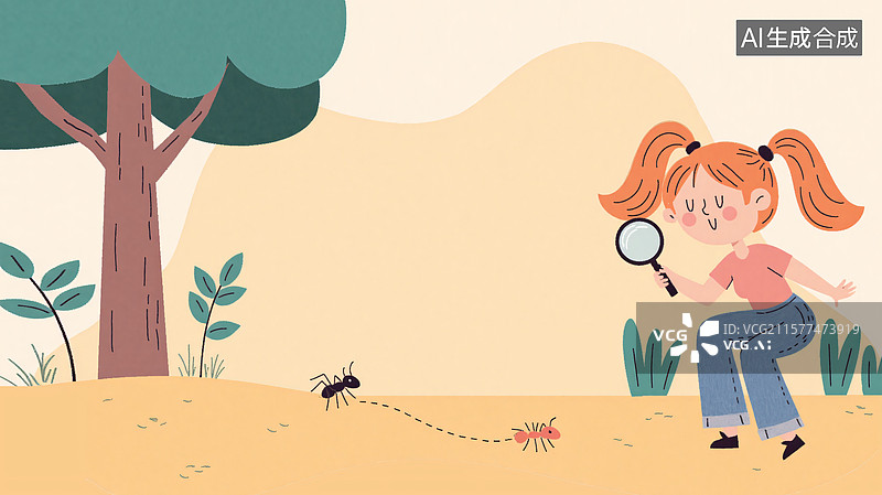 【AI数字艺术】2D卡通女孩观察蚂蚁背景最大图片素材