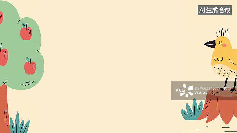 【AI数字艺术】2D卡通小鸟与苹果树新景背景两侧图片素材