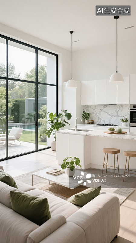 【AI数字艺术】现代简约客厅与开放式厨房设计图片素材