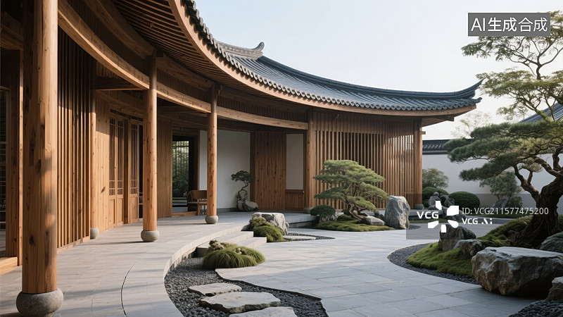 【AI数字艺术】传统木结构建筑与庭院景观图片素材