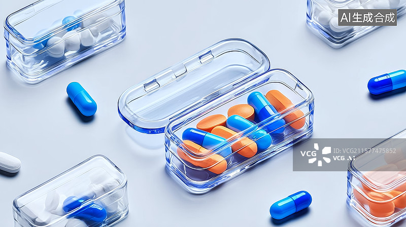 【AI数字艺术】透明药盒中的彩色药丸图片素材
