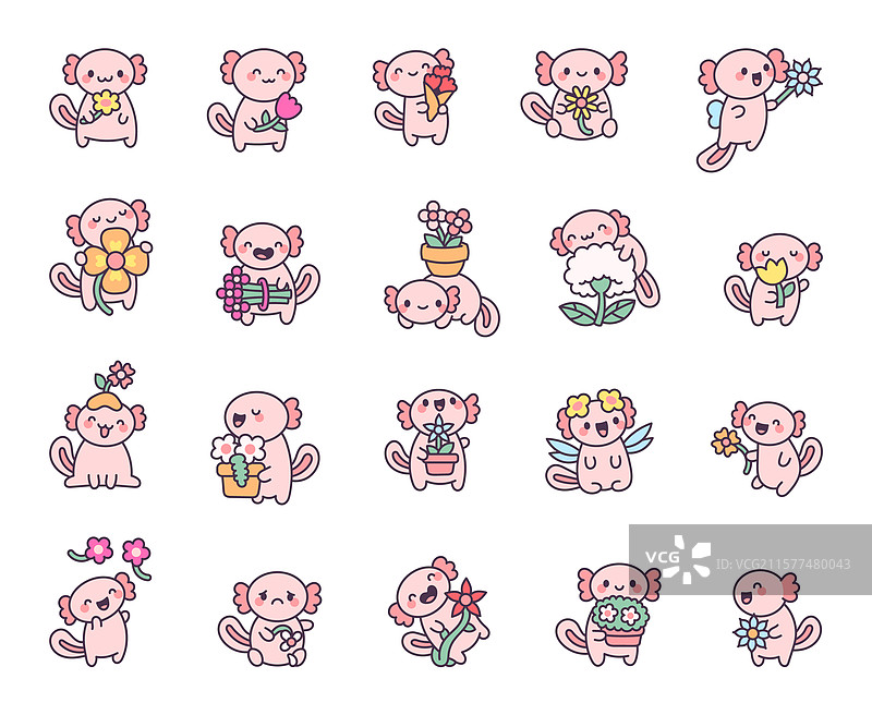 可爱的墨西哥钝口螈与花卉组合，展现出可爱的风格图片素材