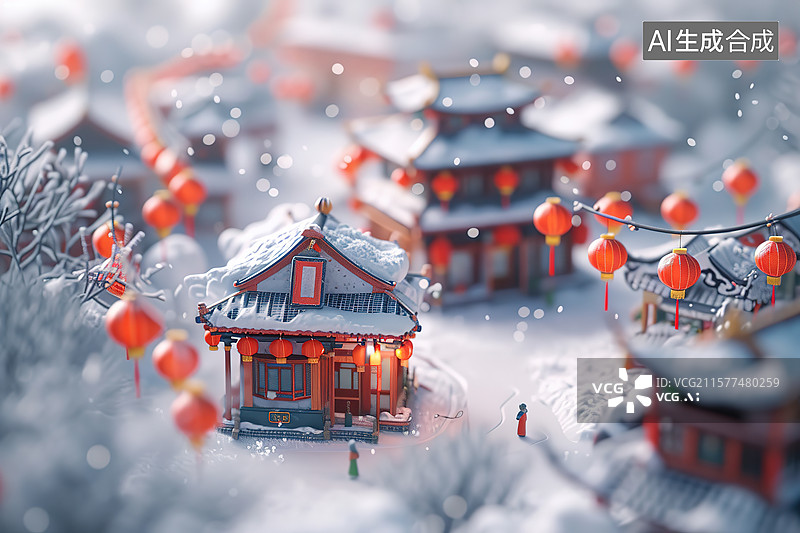 【AI数字艺术】春节期间张灯结彩小镇赶集场景插画图片素材