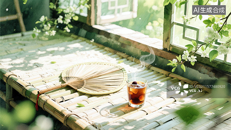 【AI数字艺术】窗边竹席，凉茶、蒲扇与绿植的静谧夏日节气炎热中式插画图片素材