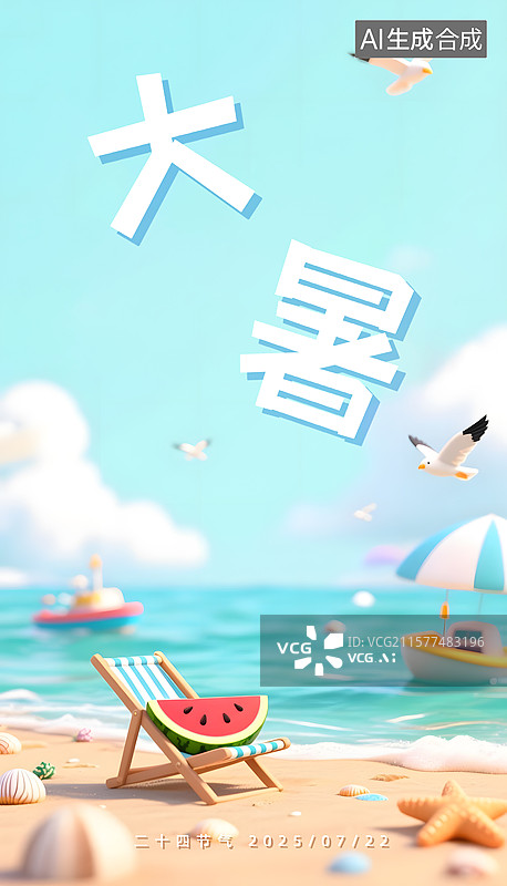 【AI数字艺术】大暑3D海滩度假海报图片素材