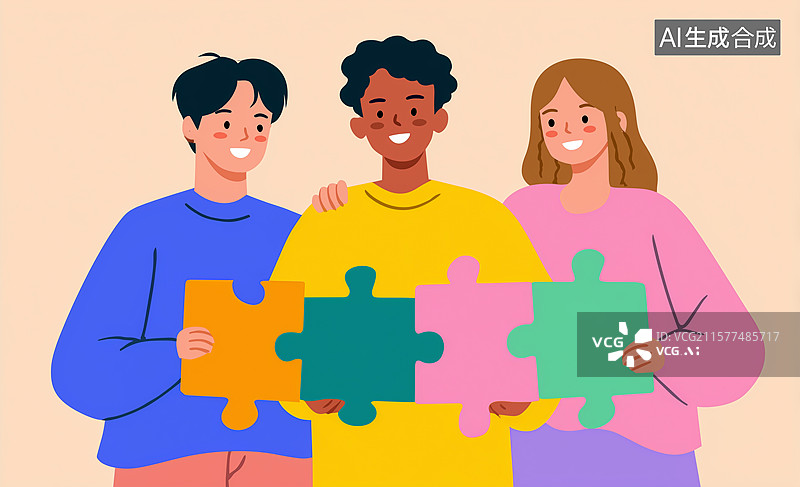 【AI数字艺术】三人合作拼拼图插画图片素材