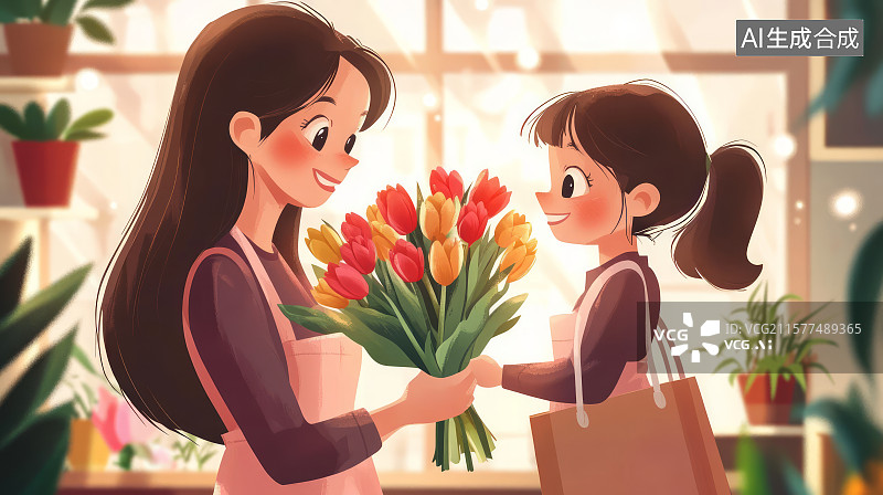 【AI数字艺术】母亲和女儿手捧鲜花的温馨场景，母亲节感恩节主题插画图片素材