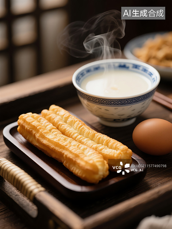 【AI数字艺术】中式早餐，碗中盛着浓郁豆浆，木质托盘，托盘上摆放着两根金黄色的油条图片素材