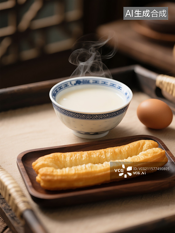 【AI数字艺术】中式早餐，碗中盛着浓郁豆浆，木质托盘，托盘上摆放着两根金黄色的油条图片素材